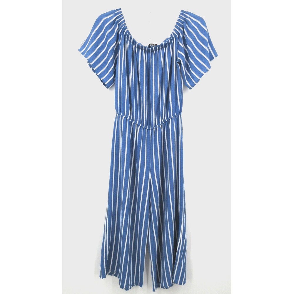 AMBIANCE ONE PIECE CAPRI OFF SHOULDER‎ JUMPSUIT Junior Small Blue/White Stripe